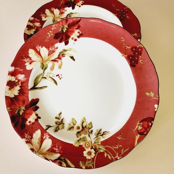 222 Fifth Fleur Rouge Dinner Plates 11” set of 2 Summer Botanical Lutece series - Picture 6 of 10